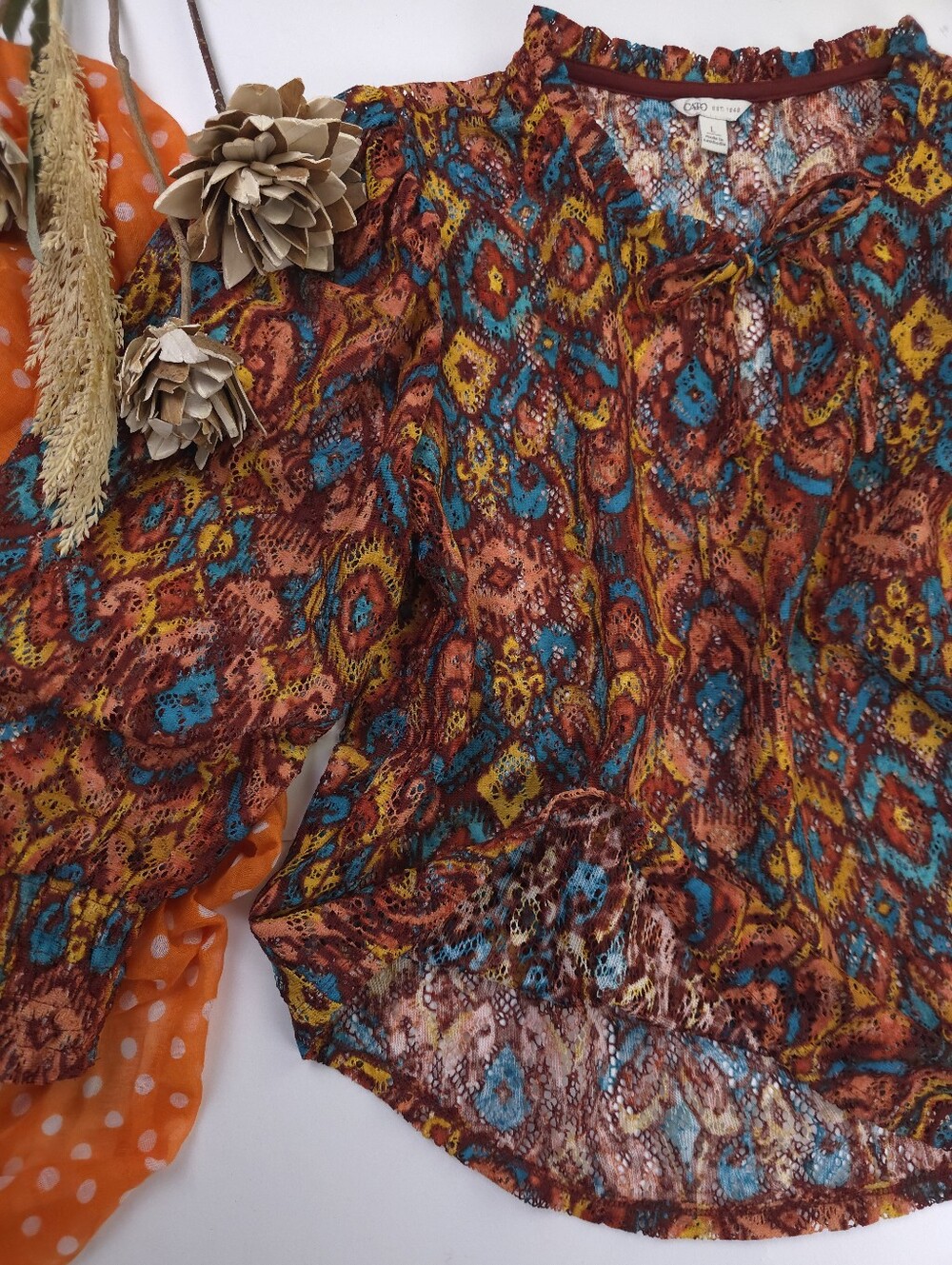 Cato Boho Printed Sheer Blouse in Rust Multicolor Sz L - Picture 3 of 11